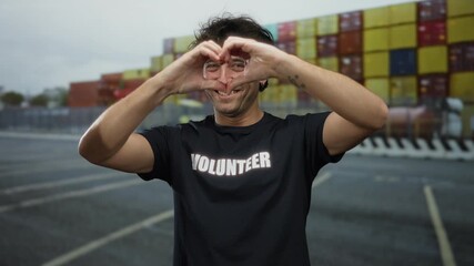 Hispanic man smiling at port showing heart gesture with hands while wearing volunteer shirt standing in front of colorful shipping containers on overcast day. - Powered by Adobe