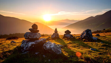 Golden Sunset Over Mountain Range With Stone Cairns and Misty Valley