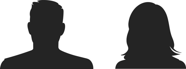 Silhouette male and female head‑and‑shoulders portraits in vector style, gender‑neutral profile icons for avatar, identity placeholder design