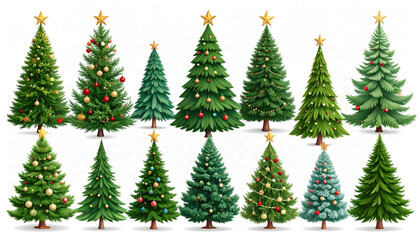 Collection Of Decorated Christmas Trees On White Background With Golden Star Topper And Colorful Ornaments