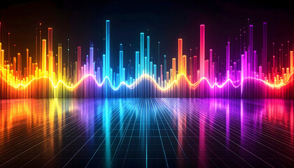 Vibrant Neon Spectrum Wave Displaying Audio Visualization Against Dark Backdrop with Reflective Surface