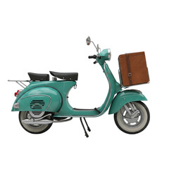 Classic teal scooter with brown basket isolated on transparent background