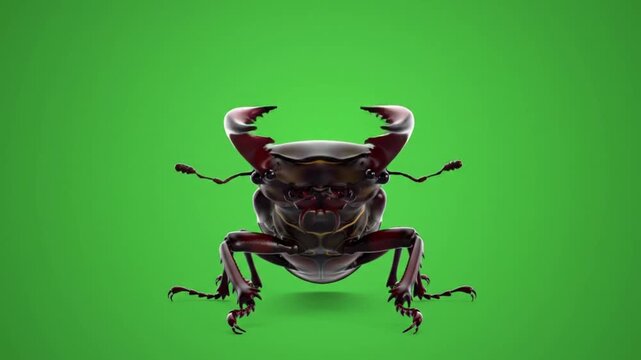 Front view macro of a large male stag beetle, Lucanus cervus, with open mandibles isolated on a green screen background.