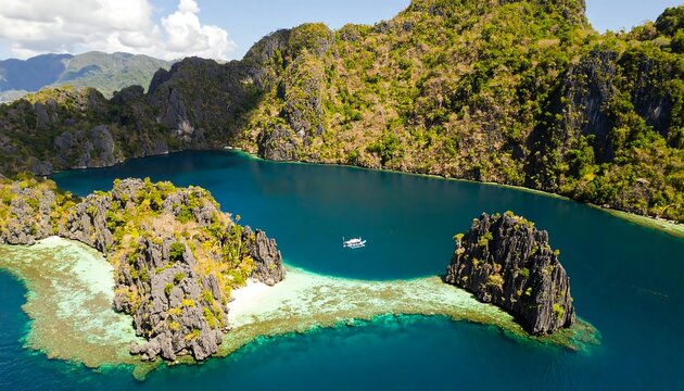 Aerial view of a tropical bay with a small boat, surrounded by lush green hills and rocky islets