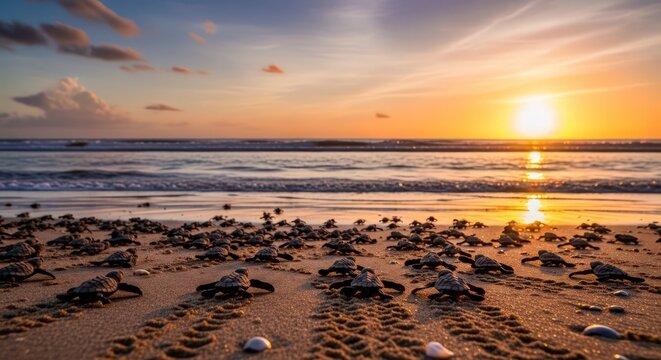 Newly hatched baby sea turtles heading to the ocean at sunrise