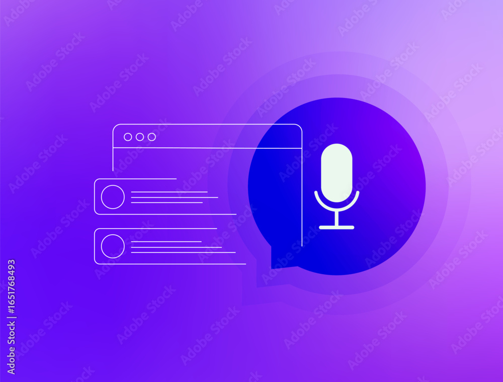 Aufkleber voice search technology concept with microphone icon, chat bubble and browser windows. voice search 