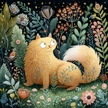 Orange Cat Floral Whiskers Animals Nature Illustration Whimsical Fur Greenery Flowers Creature Paws Tails Artwork Digital Cute Leafy Pet Furball Feline Blooming Playful Smile Sitting Background 
