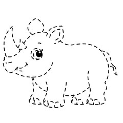 Dotted trace outline of cute rhino, children’s educational drawing practice sheet for fun coloring and tracing activity.
