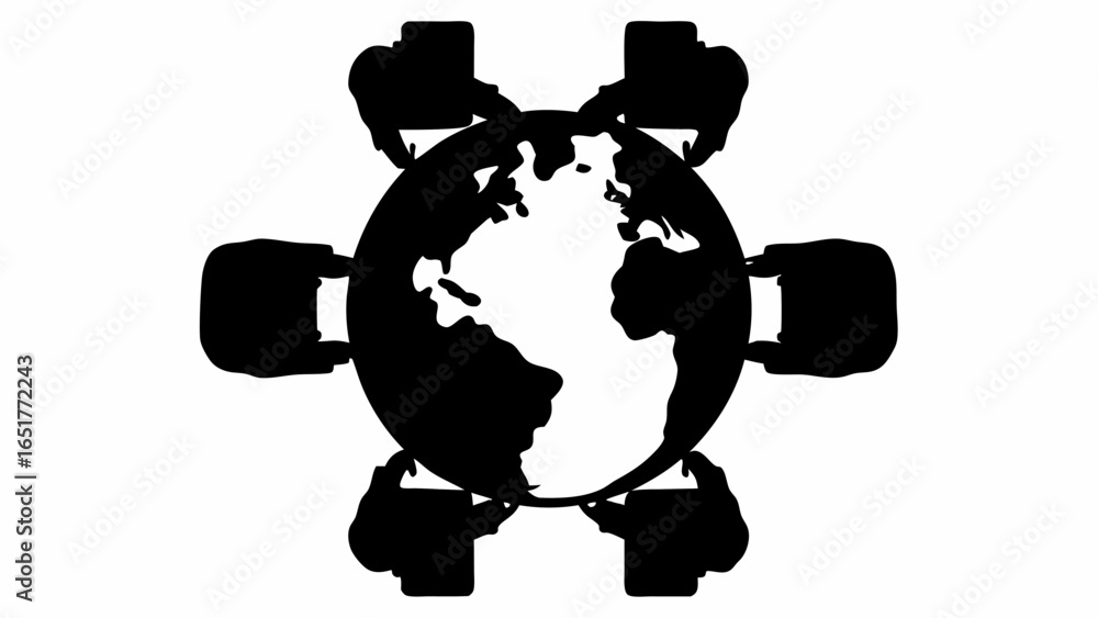 Poster silhouette of people working on computers around the earth representing global communication and col