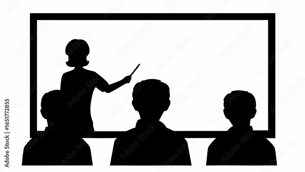 Poster silhouette illustration of a teacher with a pointer in front of students and a whiteboard in the bac