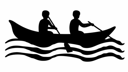 Fototapeta premium Silhouette of two people paddling in a canoe on wavy water creating a serene and adventurous scene