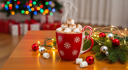 A red mug filled with hot chocolate and marshmallows with christmas decorations on a wooden table