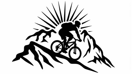 Silhouette of a mountain biker riding on a mountain ridge with sun rays shining from behind the mountains