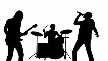 Silhouette of a band performing on stage with a guitarist drummer and singer in black and white design