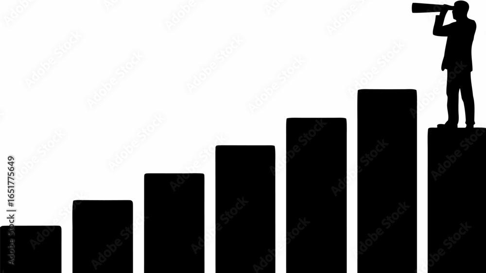 Aufkleber silhouette of a man with a telescope standing on a bar graph showing growth and success concept imag