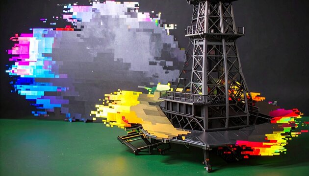 Modern oil rig model with vibrant digital glitch effect, symbolizing industry disruption and innovation