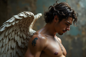 Man with Sculpted Wings Meditating Indoor