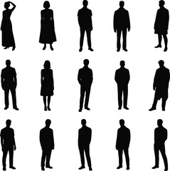 Silhouette people standing in various poses, men and women in dresses skirts pants suits, black vector icons, fashion clothing posture illustration
