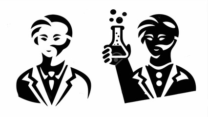 Stylized illustration of two scientists one holding a beaker with bubbles in black and white design silhouette