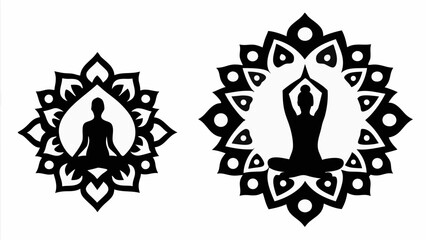 Two yoga poses in lotus position silhouette within decorative floral mandala shapes in black and white