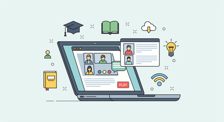 Online Education and E-Learning Concept Illustration with Laptop and Virtual Classroom