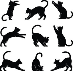 Cat silhouettes in various poses, stretching sitting standing jumping, black vector icons, feline movement illustration, animal design, pet behavior and anatomy reference