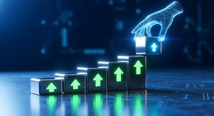 Abstract representation of a digital hand placing a block with a green arrow onto a growing staircase of blocks, symbolizing technological progress and business success.