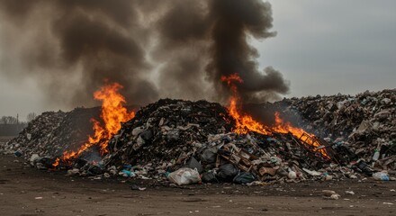 Burning Landfill: Flames Engulfing Waste, Environmental Disaster, Pollution, Smoke, Destruction.