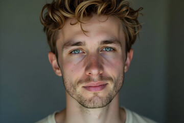 Fototapeta premium Man Smiling Portrait with Blue Eyes and Blond Curly Hair