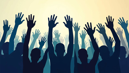 Crowd of silhouetted people raising hands in agreement