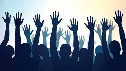Crowd of silhouetted people raising hands in agreement