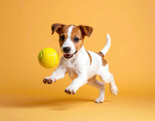 Playful puppy chasing tennis ball on yellow background, capturing moment of joy and energy, with dog mid air and eyes focused on ball, creating lively and cheerful scene