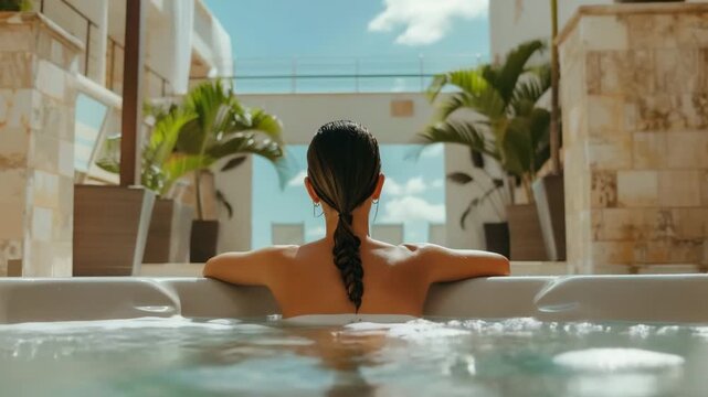 A serene video of a young woman finding joy and relaxation in a bubbling jacuzzi, situated in an upscale hotel spa pool area. Perfect for wellness and leisure themes.