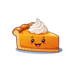 Cute cartoon vector style illustration of a slice of pumpkin pie with whipped cream and a happy face