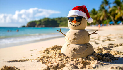 Sand Snowman on Beach with Sunglasses and Santa Hat During Sunny Summer Day