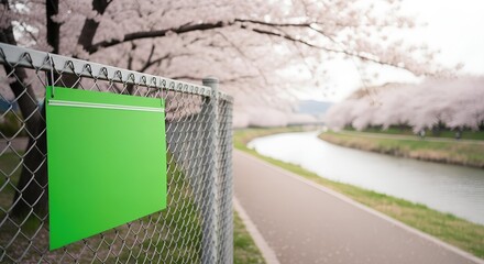 A blank green sign hangs on a chain-link fence next to a cherry blossom-lined path with a river