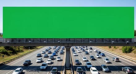 Green screen billboard over a busy highway with cars, an ideal placeholder for digital advertising, marketing campaigns, and dynamic content display in an urban setting