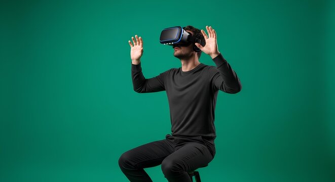 Man Immersed in Virtual Reality Sitting Against Green Background