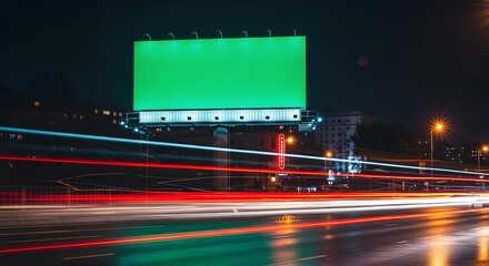 Empty green billboard at night with light trails from passing cars on a highway