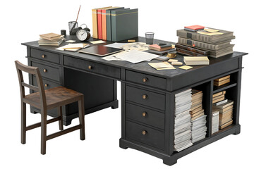 Fototapeta premium Colorful ring binders stacked with loose papers and documents secured with dark green elastic bands on top, isolated on a transparent background