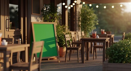 Outdoor cafe setting with empty green sign for advertising and empty wooden tables and chairs