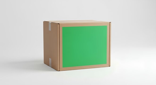A sealed cardboard shipping box with a square blank green screen label isolated on a white background. Mockup for delivery and e-commerce branding. - Powered by Adobe