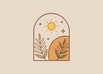 Boho Arch with Sun Stars and Foliage in Earthy Tones for Wall Art