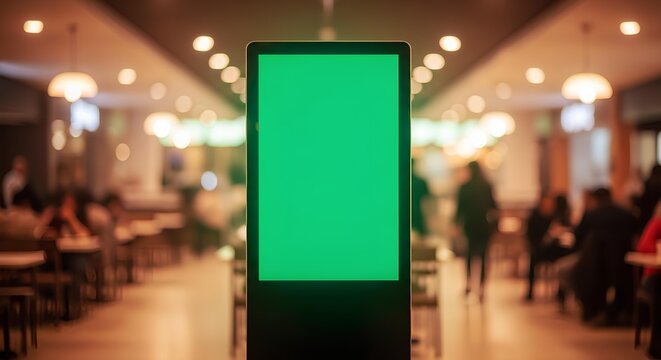 Vertical digital billboard with a blank green screen for mockup, standing in a blurred modern shopping mall or food court interior.