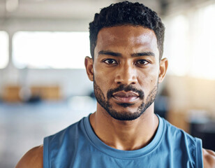 Close up of young man with athletic build, dark curly hair, and serious expression, wearing blue sports tank top in bright gym environment, showing determination and focus