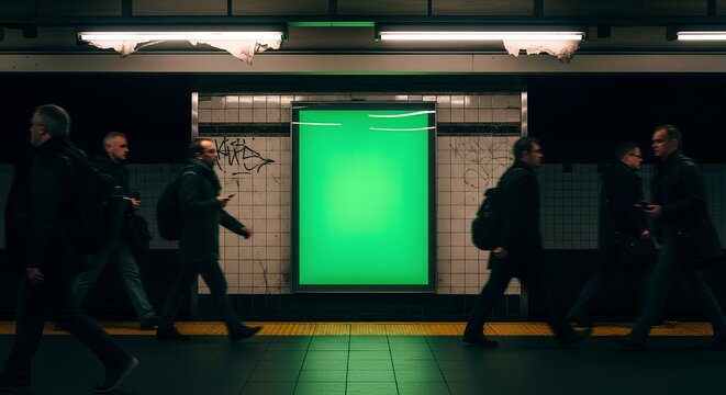 Urban commuters walking past a blank green screen billboard for advertising mockup in a moody subway station