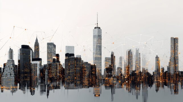 Modern city skyline with digital network icons, double exposure of business district skyscrapers and technology connections, futuristic urban communication and global corporate concept