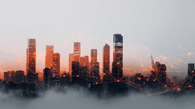 Modern city skyline with digital network icons, double exposure of business district skyscrapers and technology connections, futuristic urban communication and global corporate concept