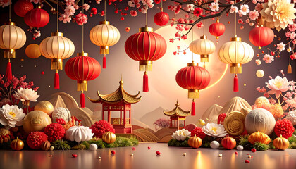 Festive scene with red and gold lanterns flowers and ornate details in a soft glowing light against a blurred backdrop