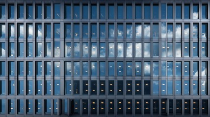 Modern glass office building facade with contemporary architectural design, sleek exterior windows, urban business district skyscraper, professional corporate headquarters structure in daylight